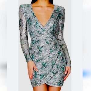 NOOKIE | 70’s Elegant Silver Blue & Green Forever Long Sleeve Sequin Dress NWT🏷️